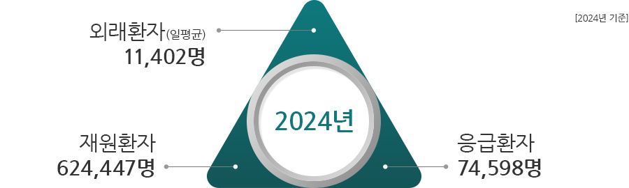 2024년 외래환자 일평균 11,402명, 재원환자 624,447명, 응급환자 74,598명